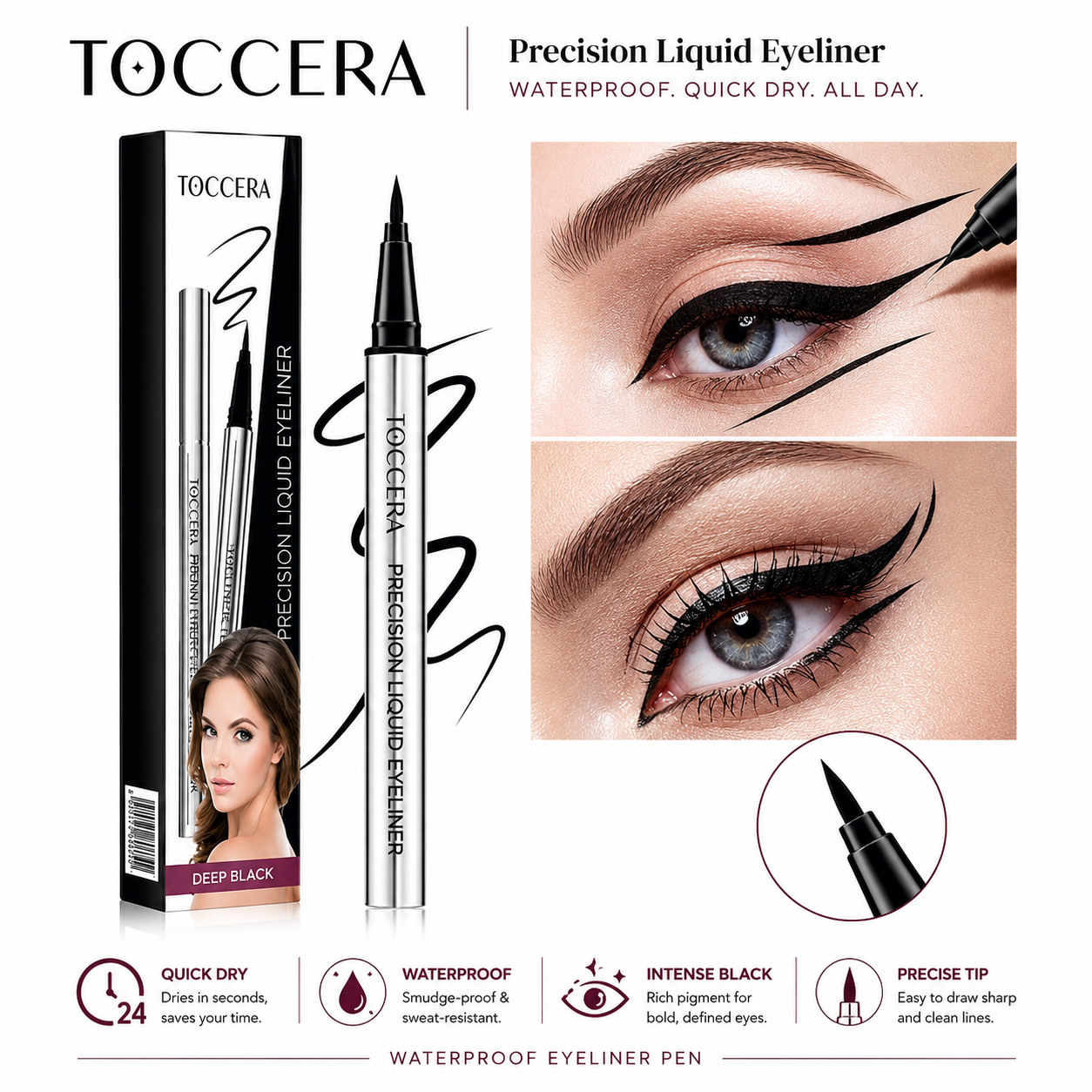 Colore Nero – Eyeliner nero TOCMIRA a lunga durata – Impermeabile, vegano e dall'applicazione scorrevole (24 ore)