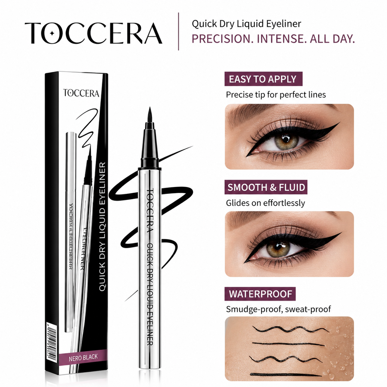 Colore Nero – Eyeliner nero TOCMIRA a lunga durata – Impermeabile, vegano e dall'applicazione scorrevole (24 ore)